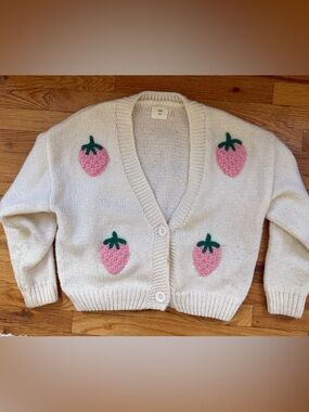Cream Strawberry Appliqué Cardigan Sweater